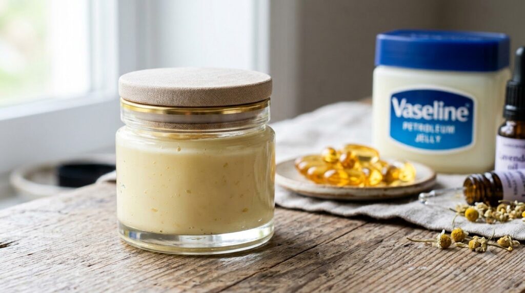 A close-up of a small clean glass jar containing a creamy homemade face mask or balm Ingredients like Vitamin E capsules