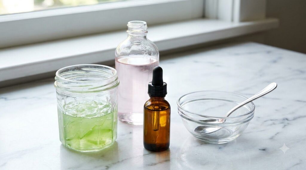Close-up of three simple ingredients a jar of aloe vera gel a bottle of rose water and a small bottle of sweet almond oi