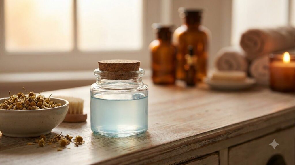 A small clear glass jar filled with the freshly made translucent DIY night gel placed on a vanity with soft focus in the