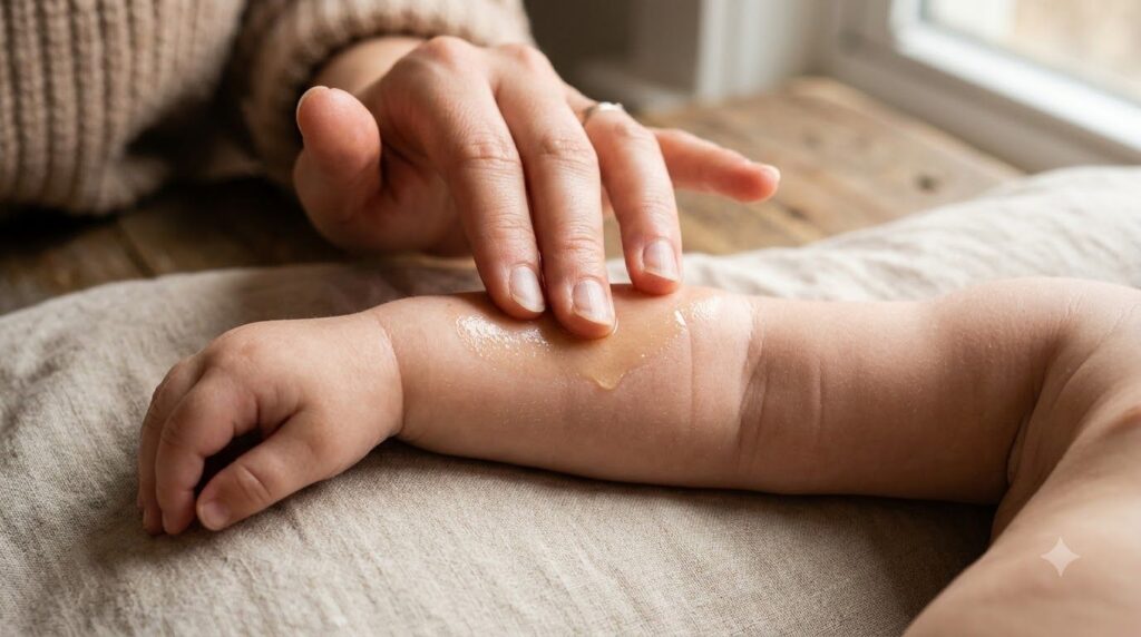 A small amount of clove-infused baby oil being massaged into skin to show its moisturizing effect