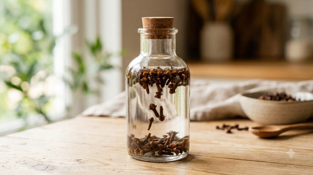 A close-up of a glass bottle containing baby oil with whole cloves infusing inside