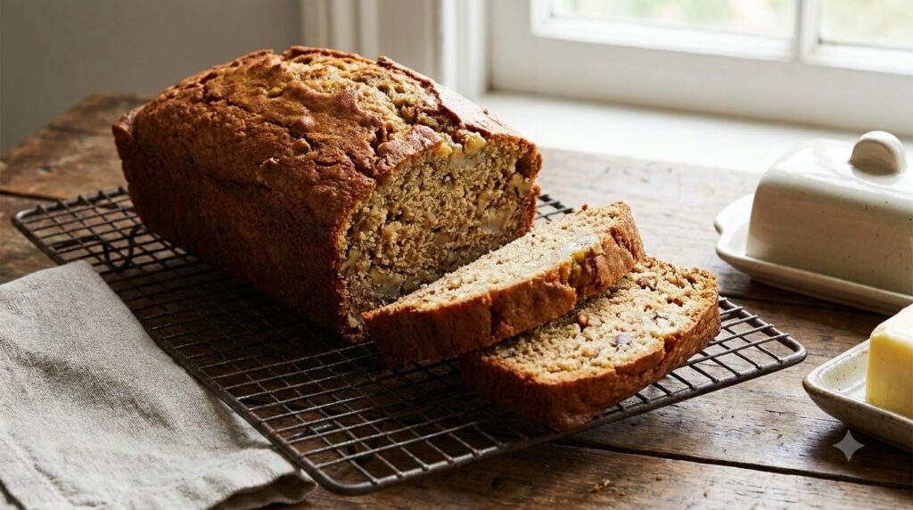 A perfectly golden-brown loaf of classic banana bread sliced to reveal a moist tender crumb on a cooling rack A few ripe