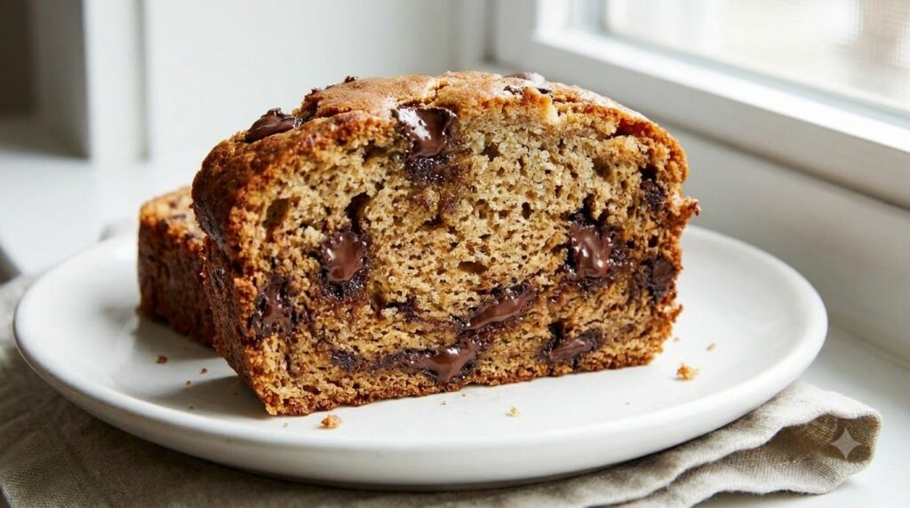 A slice of chocolate chip banana bread with visible chocolate chips served on a plate with a fork It looks warm and invi