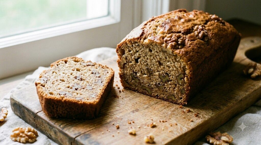 A loaf of walnut banana bread with walnuts sprinkled on top and visible within the crumb of a sliced piece Rustic backgr