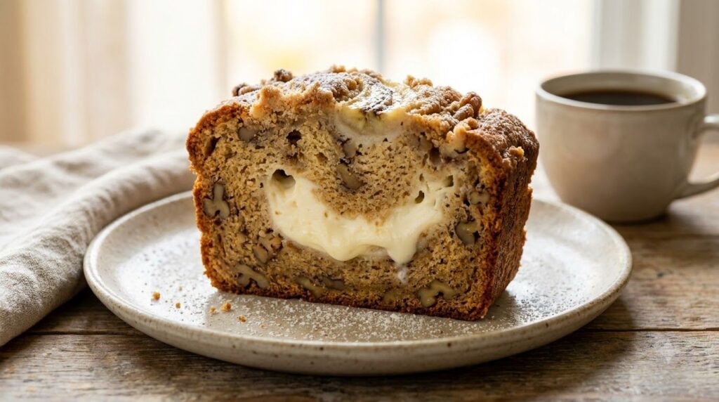 A slice of banana bread with a visible cream cheese swirl pattern throughout its crumb It looks rich and decadent