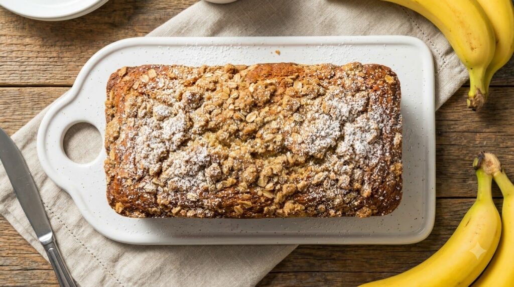 A loaf of banana bread with a golden-brown streusel topping lightly dusted with powdered sugar on a nice serving plate
