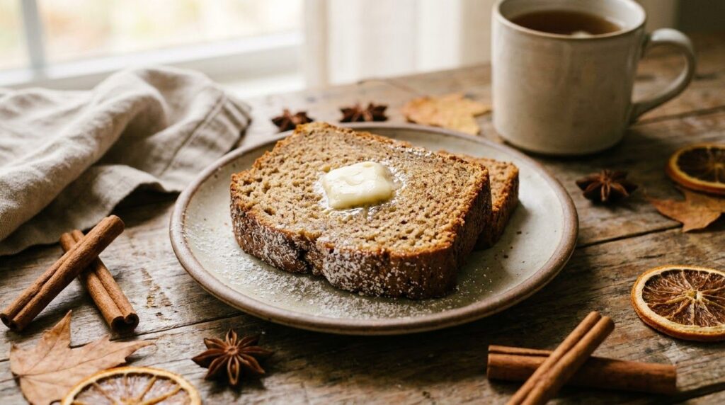 A slice of spiced banana bread on a plate with a visible blend of warm spices and a dusting of cinnamon Autumnal setting