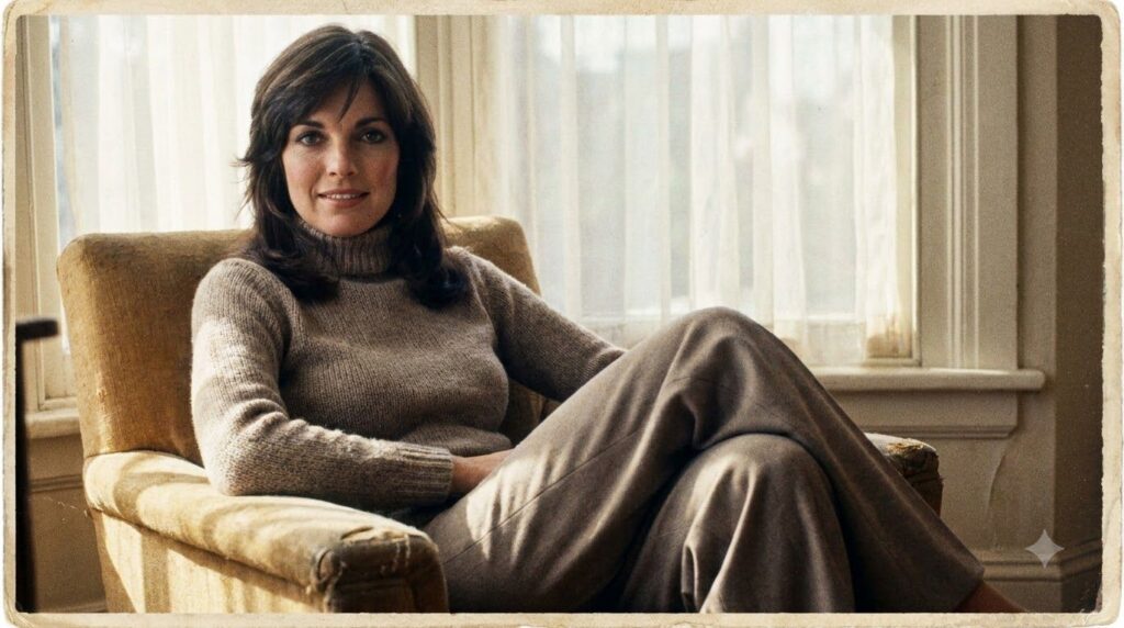 An archival photo of Linda Gray from her early modeling career in the 1970s looking graceful and stylish