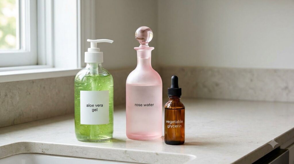 The three main ingredients a clear bottle of aloe vera gel a bottle of rose water and a small bottle of vegetable glycer