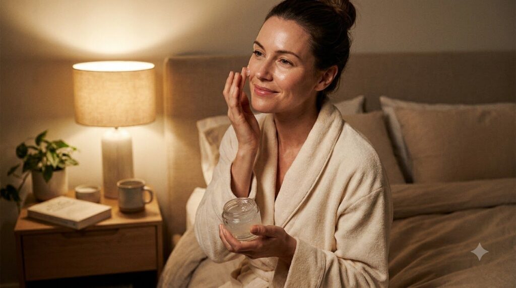 A woman gently applying the clear night gel to her face before bed her skin looking soft and hydrated She has a serene e