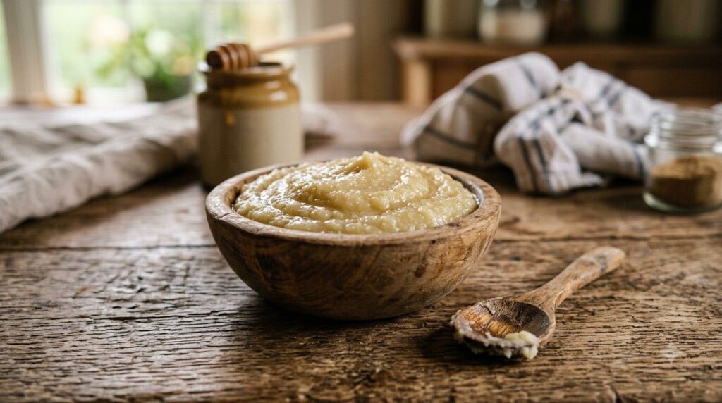 A close-up of a small bowl containing the freshly mixed potato and honey paste with a spoon beside it on a rustic wooden