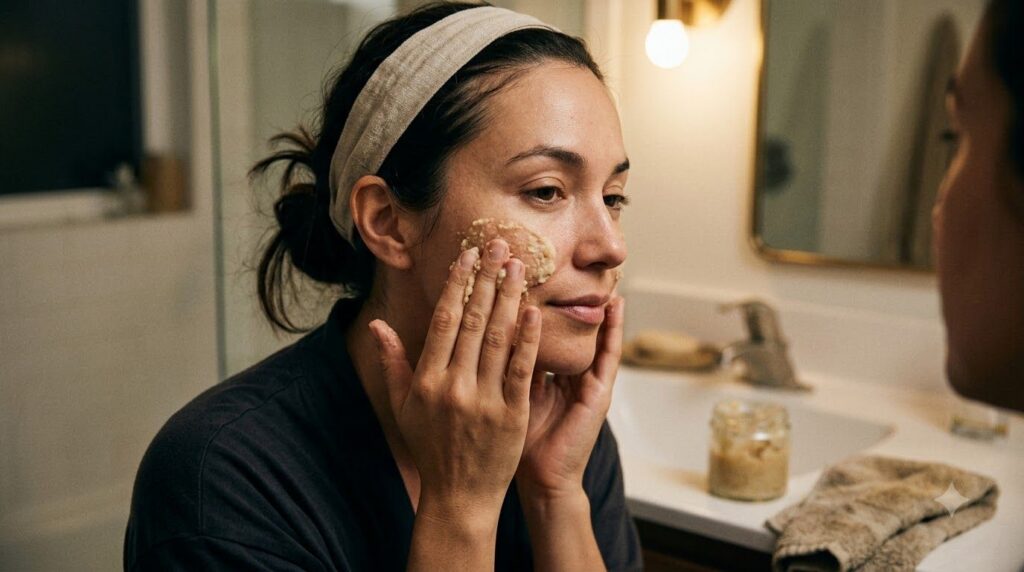A woman gently applying the potato and honey paste to her face at night in a bathroom setting with soft lighting looking