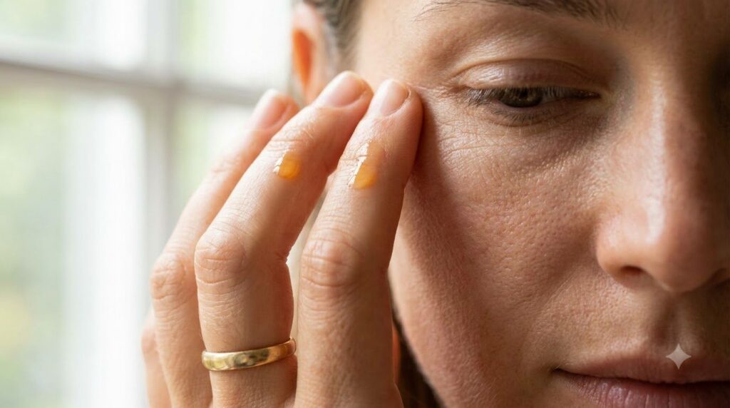 A close-up shot of a hand gently massaging a few drops of oil onto the delicate skin under the eye area showing the soft