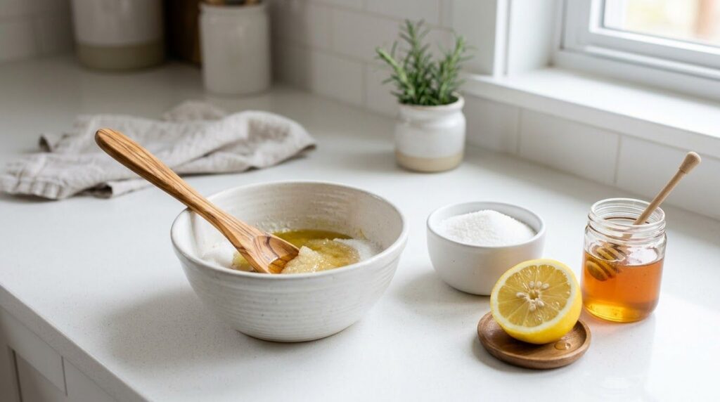 Ingredients for a homemade hand scrub laid out on a clean surface a bowl of granulated sugar a cut lemon a small jar of 