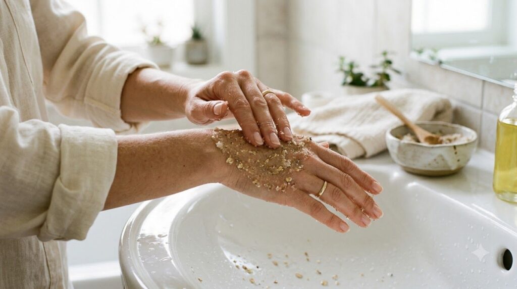 A woman gently massaging a homemade scrub onto her hands over a sink with focus on the gentle circular motion and the te