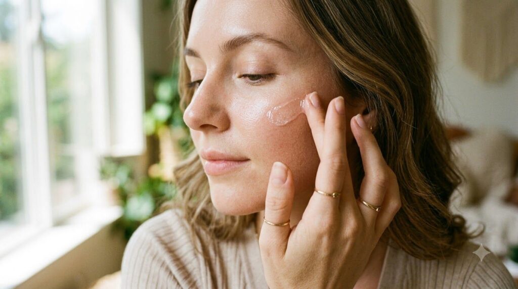A woman gently applying a small amount of the clear glow gel to her cheekbone with her fingertips demonstrating the appl