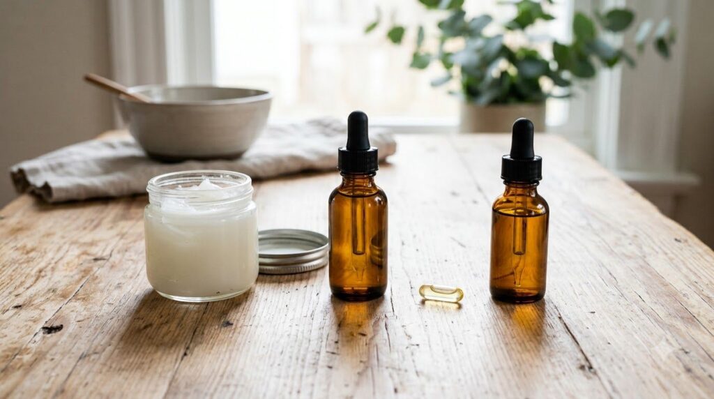 Ingredients for the Vaseline glow gel laid out on a clean surface a small jar of Vaseline a bottle of sweet almond oil a