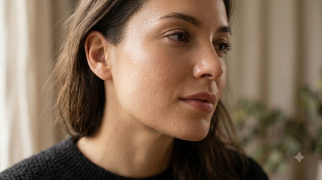 A close-up of healthy radiant skin with a subtle glow showing smooth texture