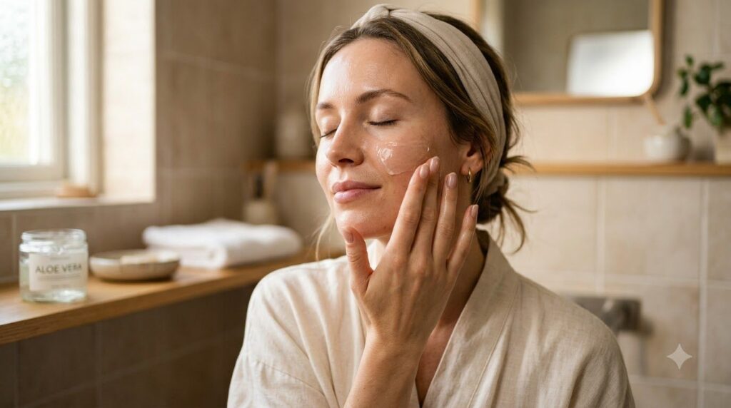 A woman gently applying a clear aloe vera gel mask to her clean face her eyes closed in relaxation