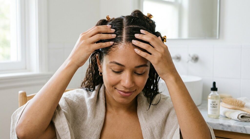 A woman gently massaging a DIY scalp tonic into her scalp with her fingertips her hair neatly sectioned in a bright bath