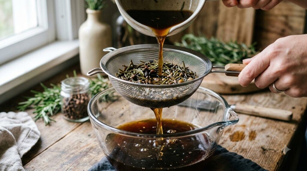 A close-up of a DIY scalp tonic being strained through a fine mesh sieve into a glass bowl with fresh rosemary sprigs an
