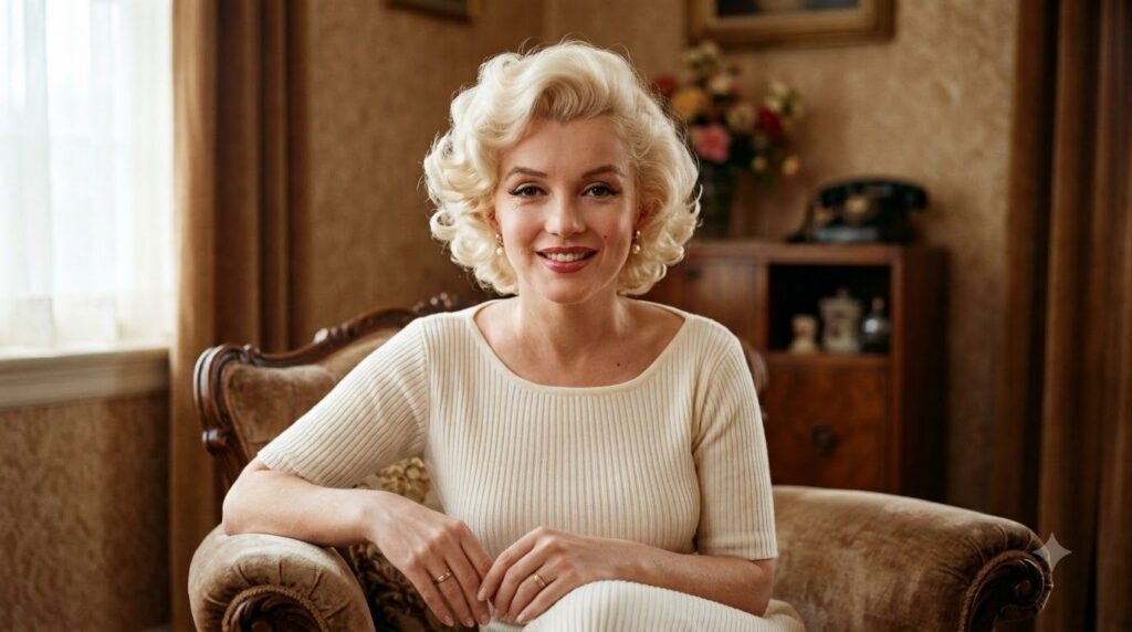 A clear classic portrait of Marilyn Monroe smiling gently with her iconic platinum blonde hair and a glamorous timeless 