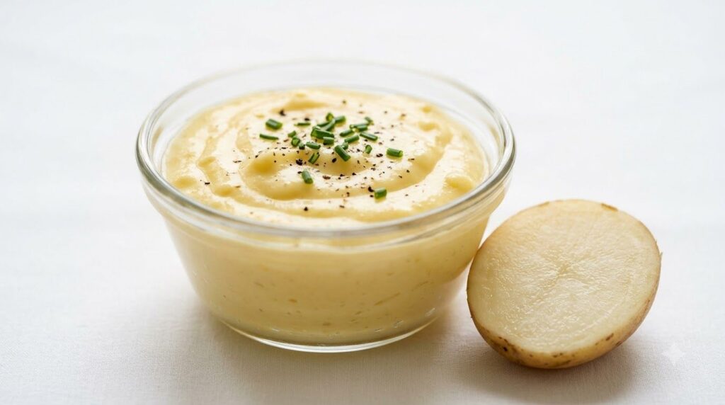 A small bowl containing a creamy light yellow mixture of potato juice and Vaseline with a fresh potato slice in the back