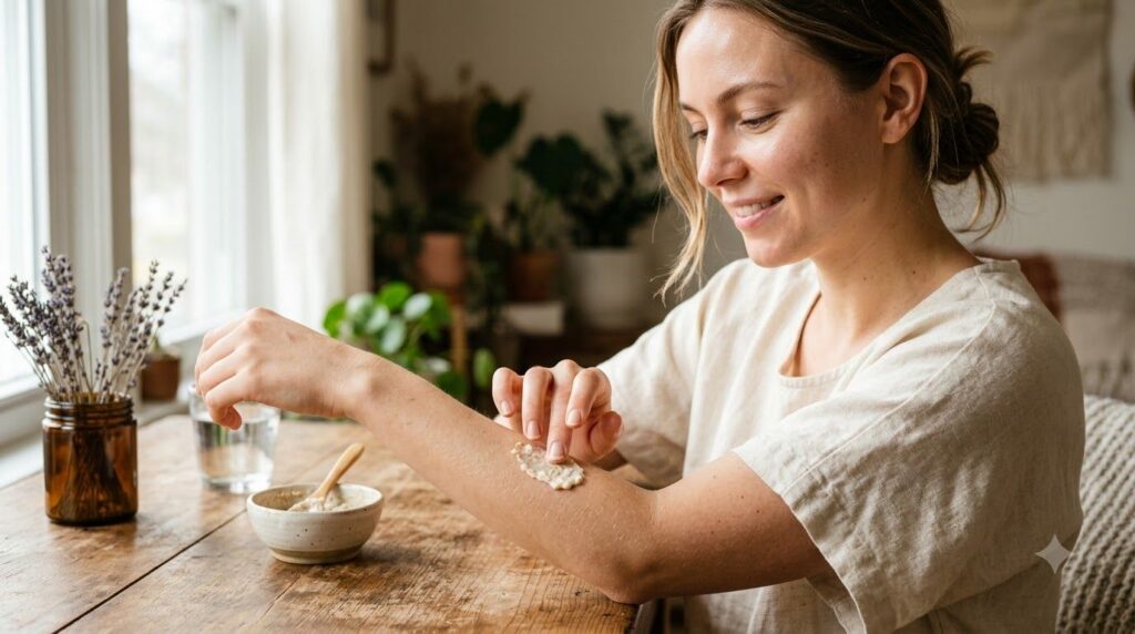 A woman gently applying a homemade mask to her cheek illustrating a patch test with natural light on her face