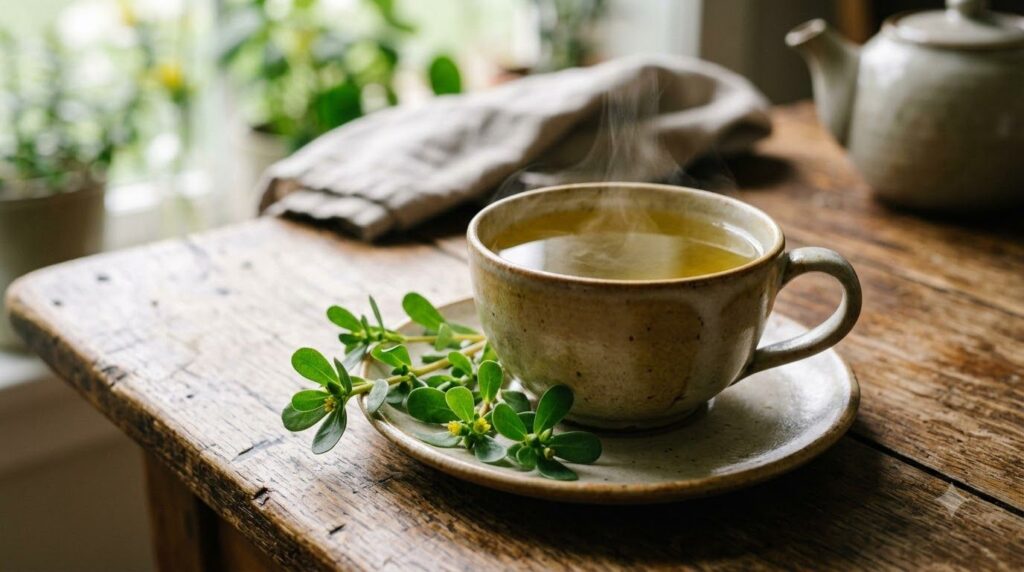 A freshly prepared cup of purslane tea golden-green in color steaming gently with a few fresh purslane sprigs artfully p