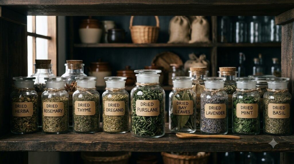 A variety of dried herbs including dried purslane stored in clear glass jars with labels in a cool dark pantry setting e