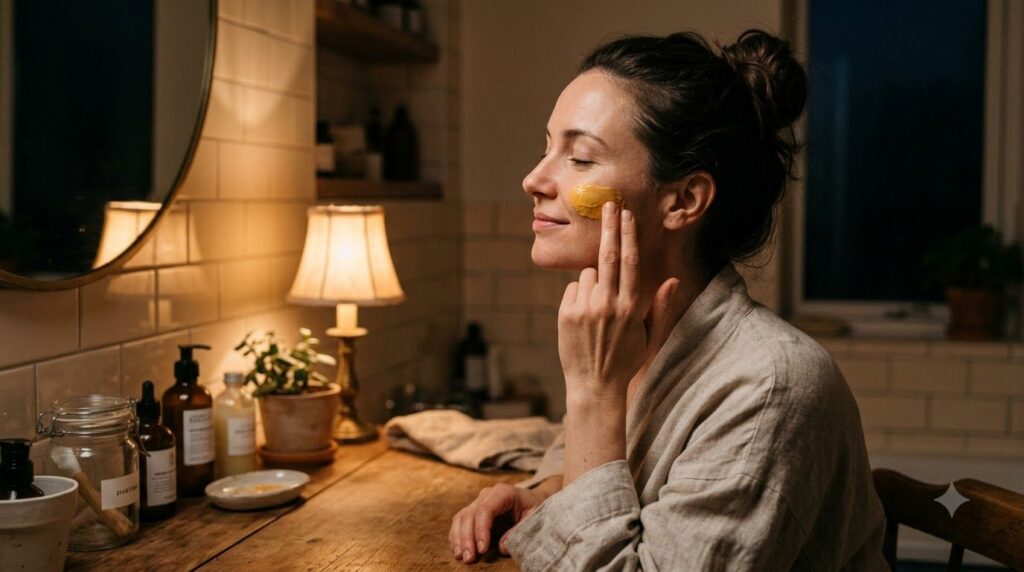 A woman applying a yellow-orange cream to her face at night Her skin looks clean and relaxed The cream is visibly spread