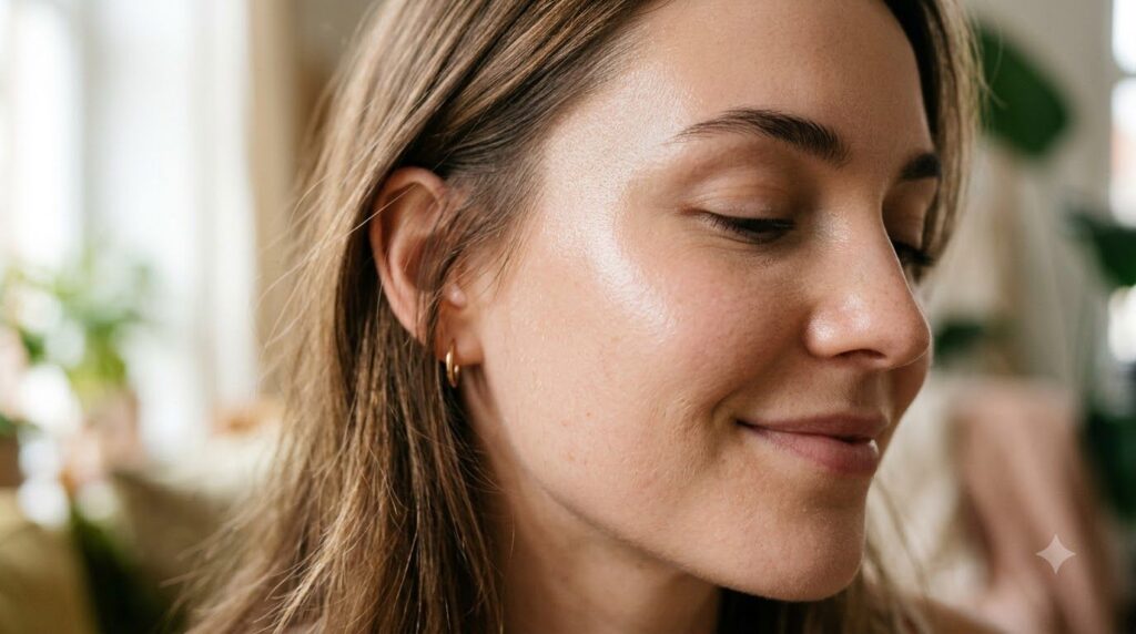A close-up of a woman s radiant smooth skin on her cheek slightly glowing Her skin looks well-hydrated and healthy