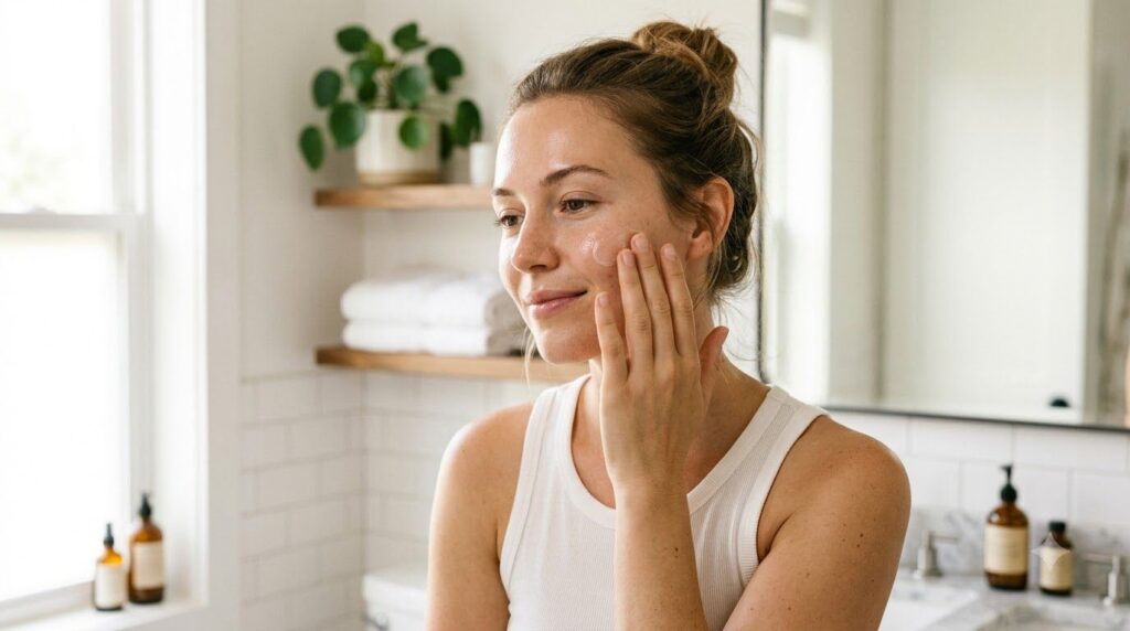 A woman gently massaging the DIY balm onto her cheek focusing on the area around her eye or mouth Her skin appears hydra