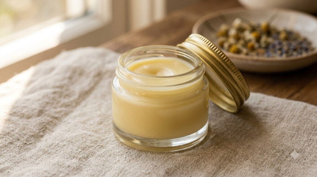 A close-up of the finished DIY youthful skin remedy a smooth pale yellow balm in a small elegant glass jar The balm has 