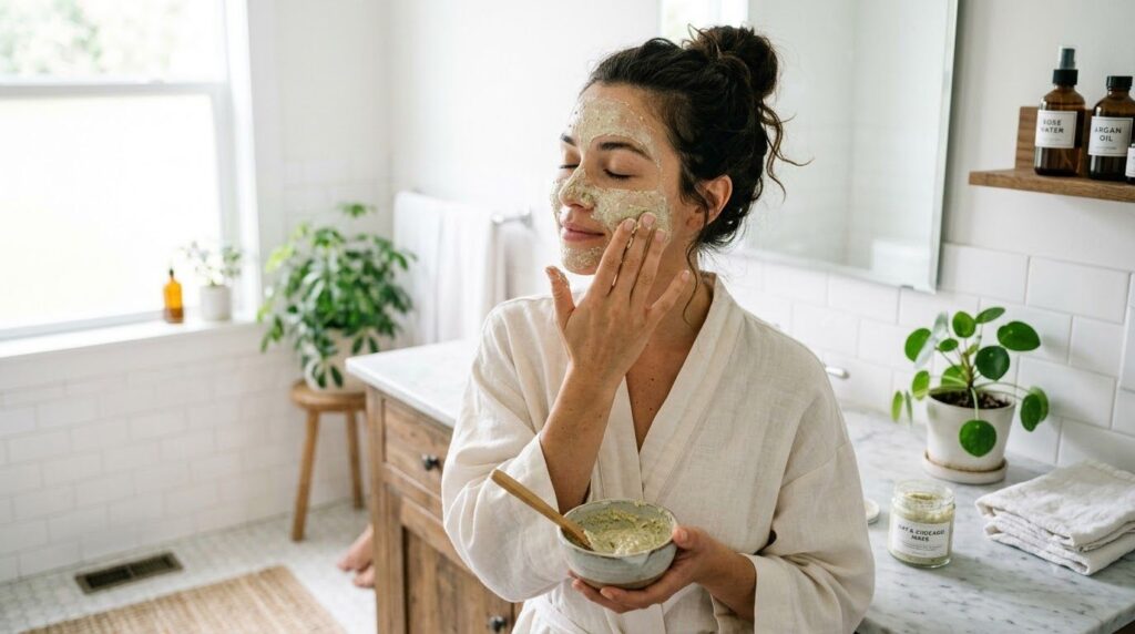 A woman gently applying a homemade face mask to her clean face with soft hands and a serene expression in a bright clean