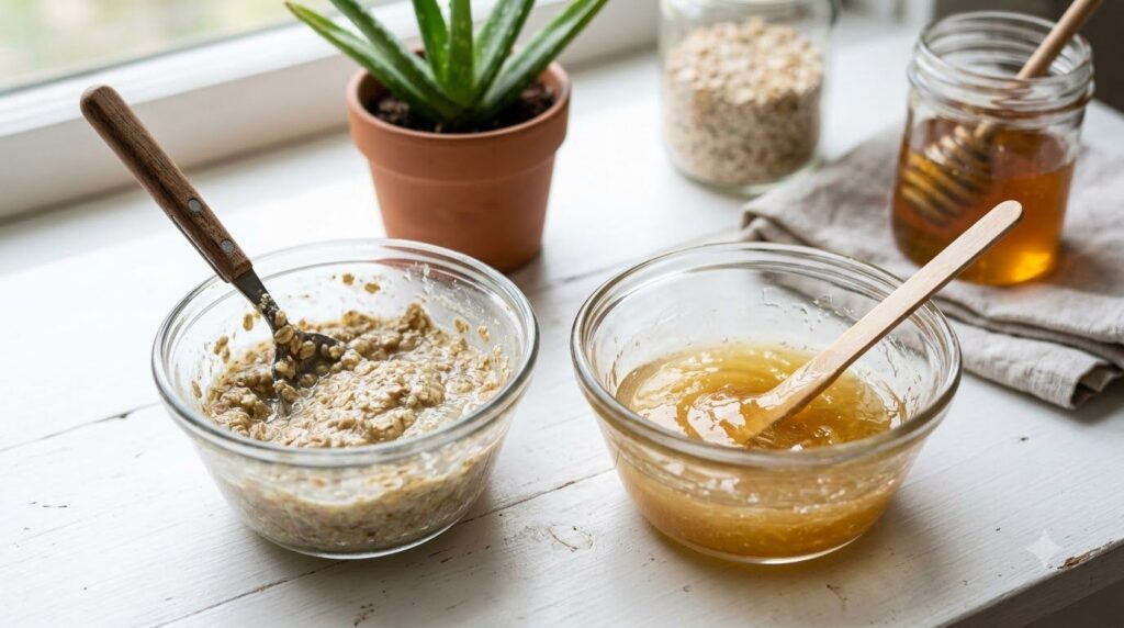 A small glass bowl with a spoon mixing aloe vera gel and ground oats to form a gentle scrub next to another bowl mixing 