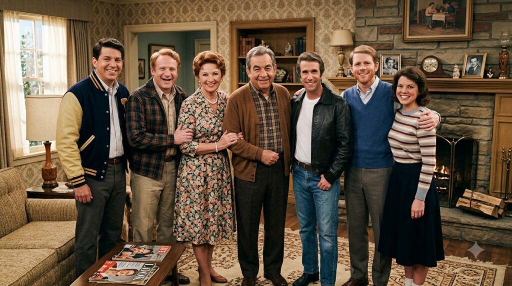 Full cast of Happy Days smiling including Fonzie Richie Potsie Ralph and the Cunningham family