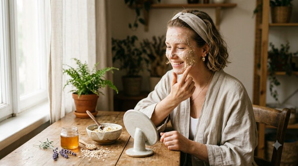 A woman applying a homemade face mask with natural ingredients like honey and oats visible in a bowl beside her