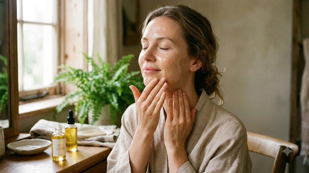 A woman gently massaging a few drops of golden oil onto her face and neck as part of her evening skincare routine