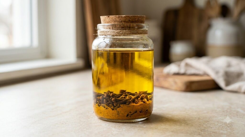 A close-up shot of a glass jar containing a golden oil infusion with whole cloves and turmeric powder settling at the bo