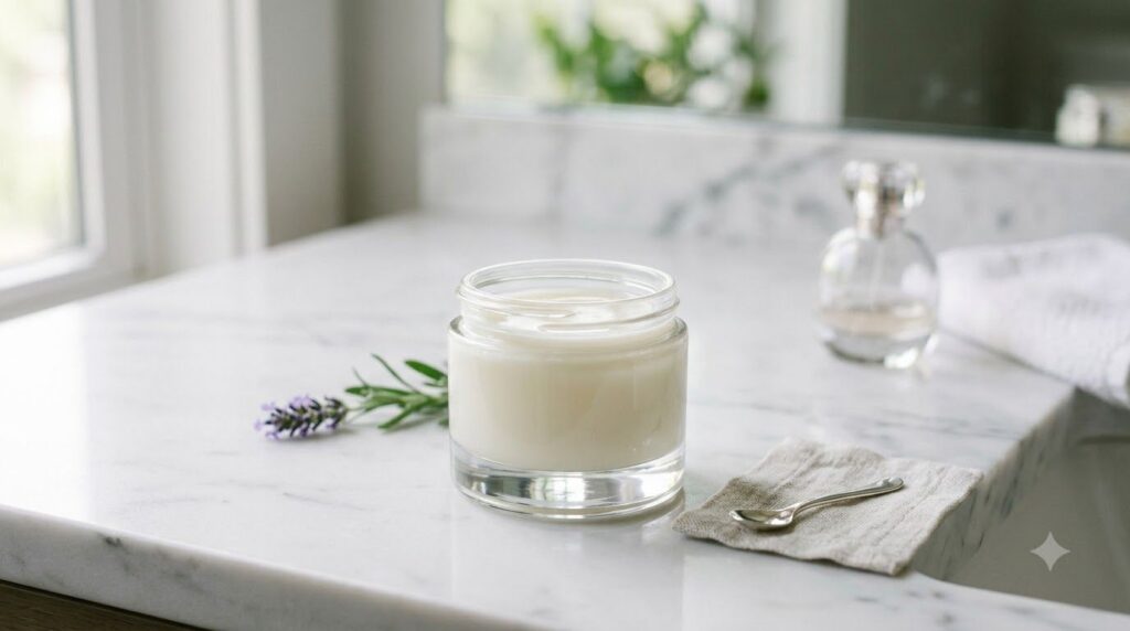 A small clear glass jar filled with one of the mixed Vaseline remedies possibly the intense hydration balm with a smooth