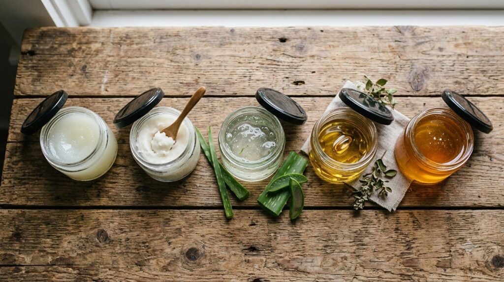 Small glass jars or containers with the various ingredients for the Vaseline mixes such as Vaseline coconut oil aloe ver