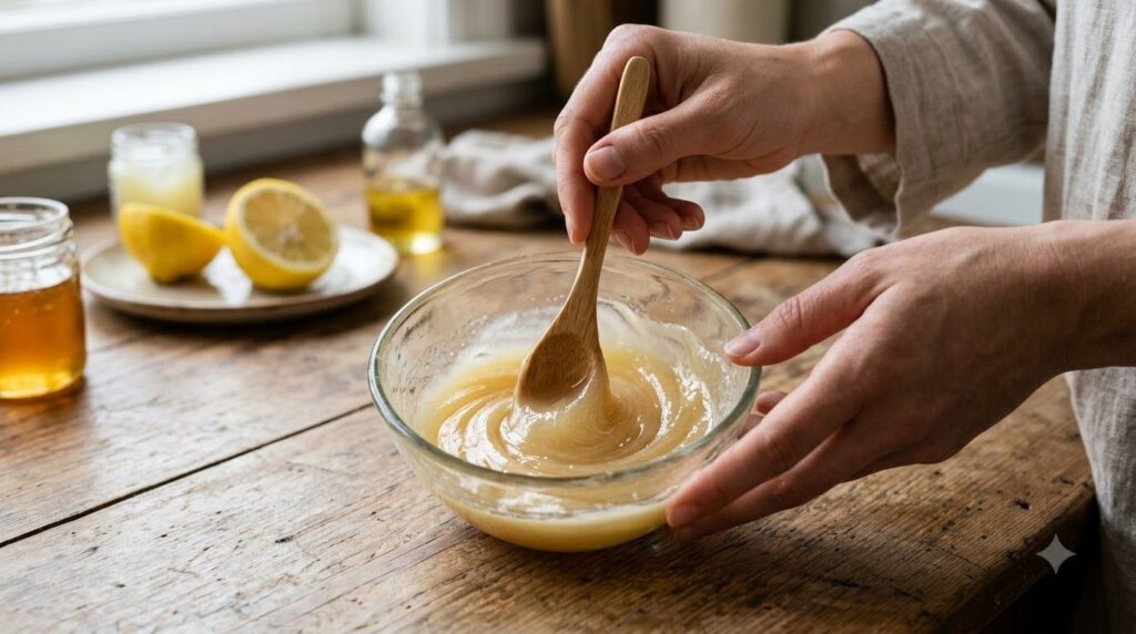 A person s hands gently mixing baby oil Vaseline honey and lemon juice in a small bowl to create a smooth face mask past