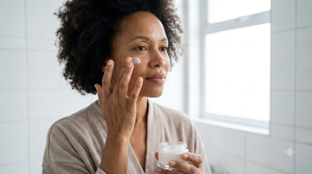 A woman gently massaging the collagen-supporting gel and Vaseline mixture onto her face focusing on her cheek and under-