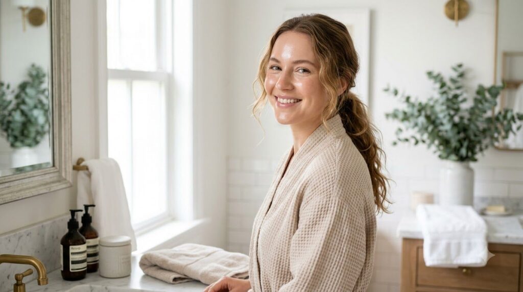 A woman with a glowing fresh complexion after using a face mask looking refreshed and happy