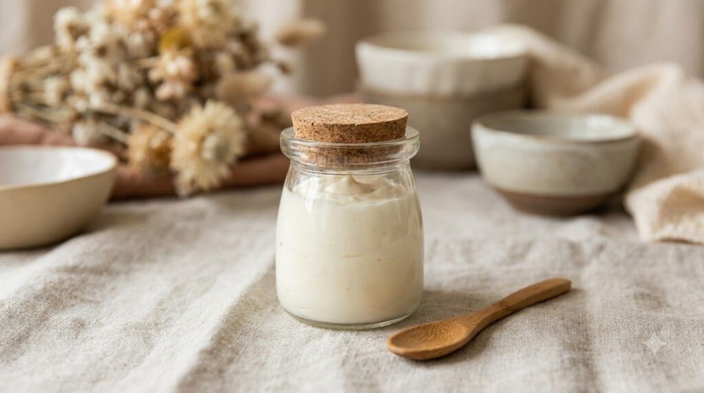 A small clean jar containing the finished collagen-supporting gel mixed with Vaseline showing a creamy smooth texture