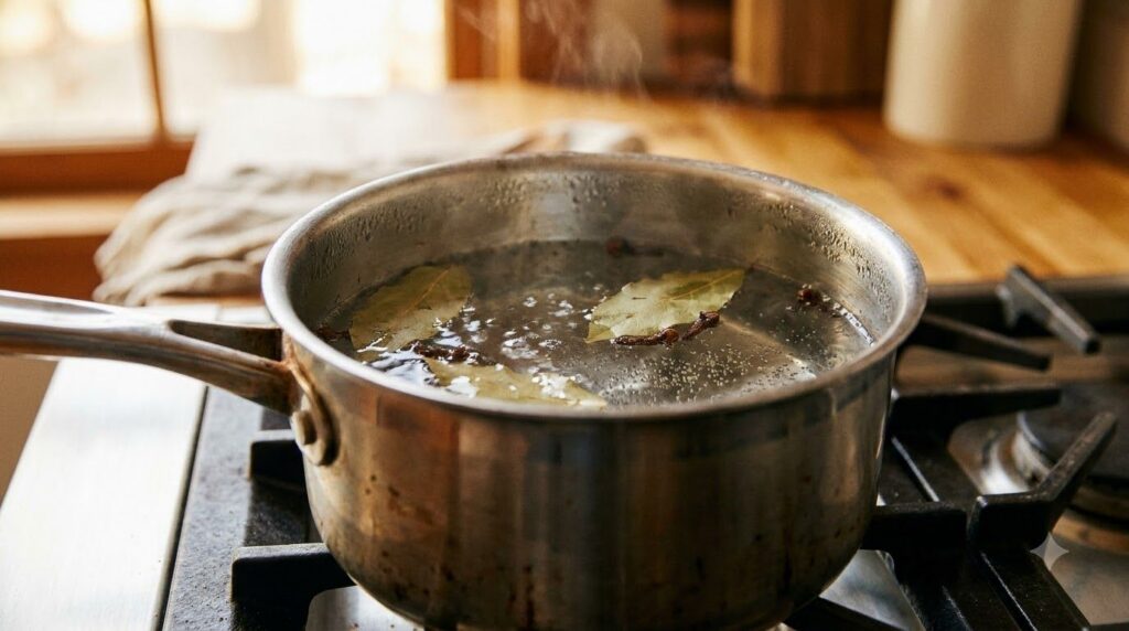 A close-up shot of a pot simmering with bay leaves cloves and spice powder creating a fragrant infusion