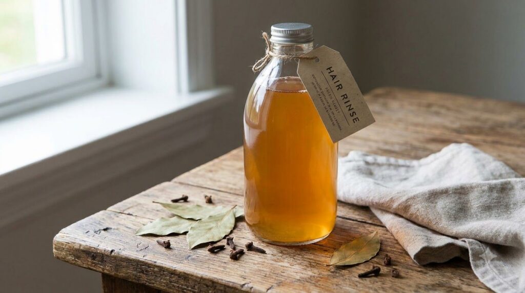 A clear glass bottle filled with the amber-colored aromatic hair rinse with some bay leaves and cloves decoratively plac