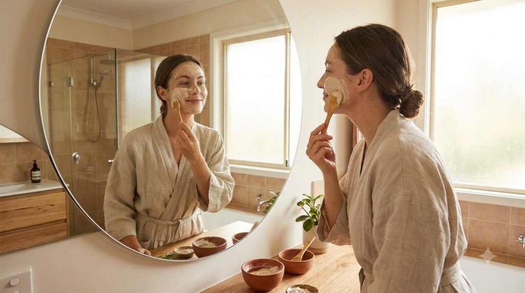 A woman gently applying a homemade face mask to her cheek looking in a mirror Her skin appears soft and well-hydrated