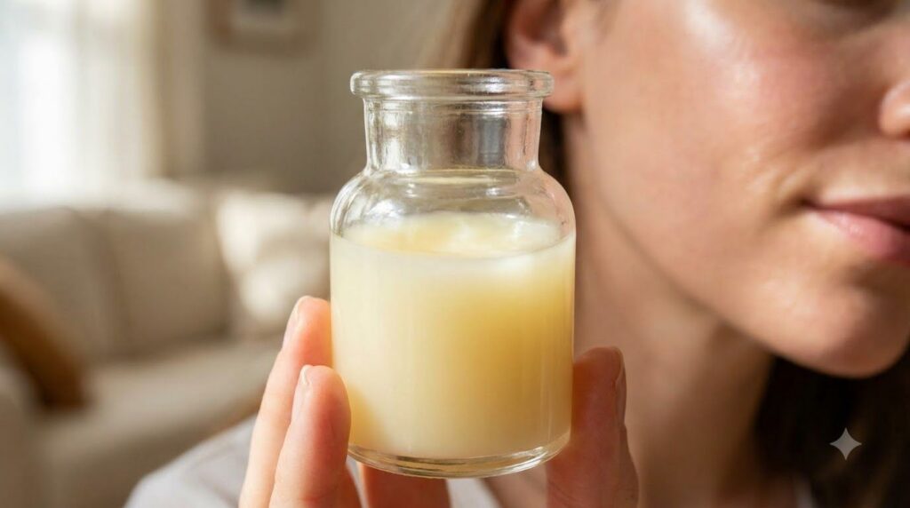 A close-up of a small glass jar containing a creamy homemade face mask made with Vaseline and Vitamin E with a fresh glo